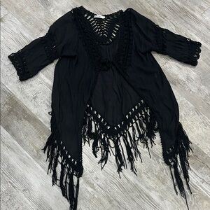 Room Mates cover up swim beach vacation XL Black Fringe Boho Top